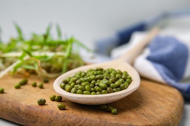 Wooden spoon with mung beans and board on table, closeup