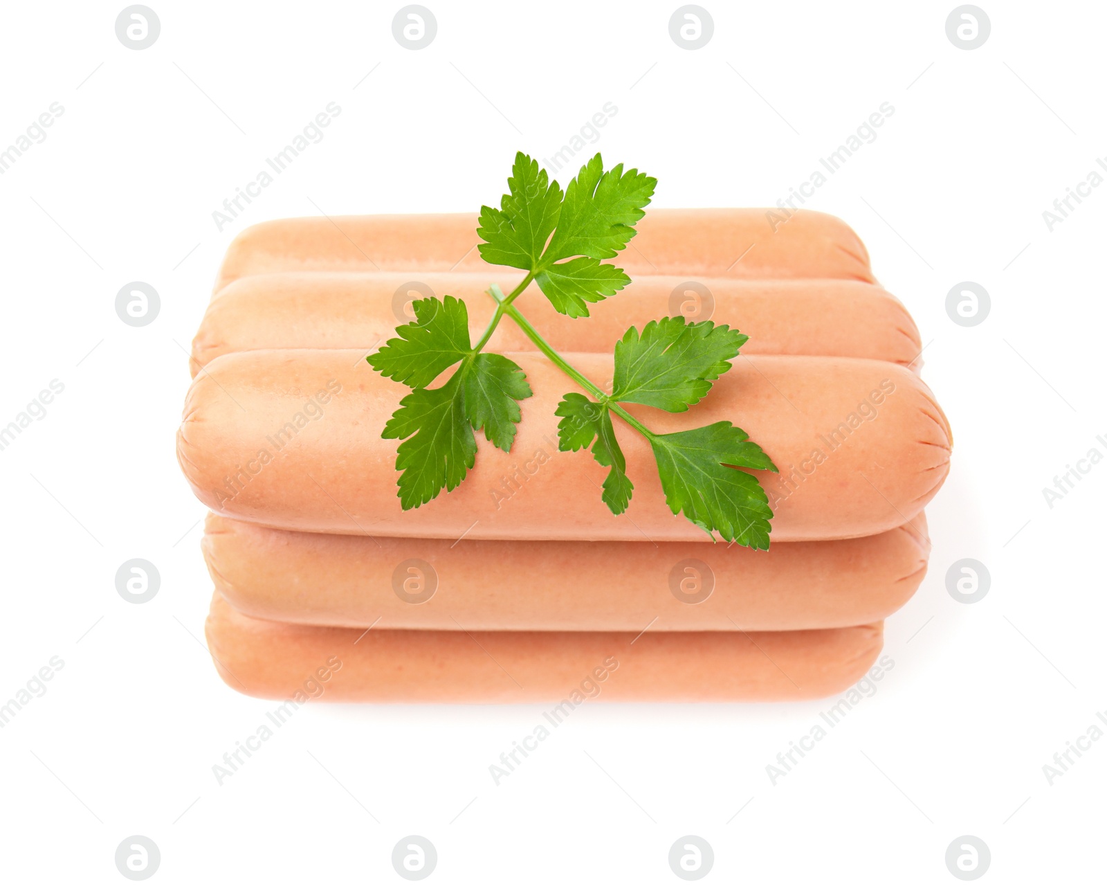 Photo of Many delicious boiled sausages and parsley on white background, top view