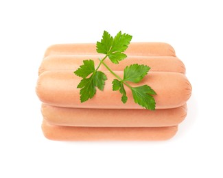 Many delicious boiled sausages and parsley on white background, top view