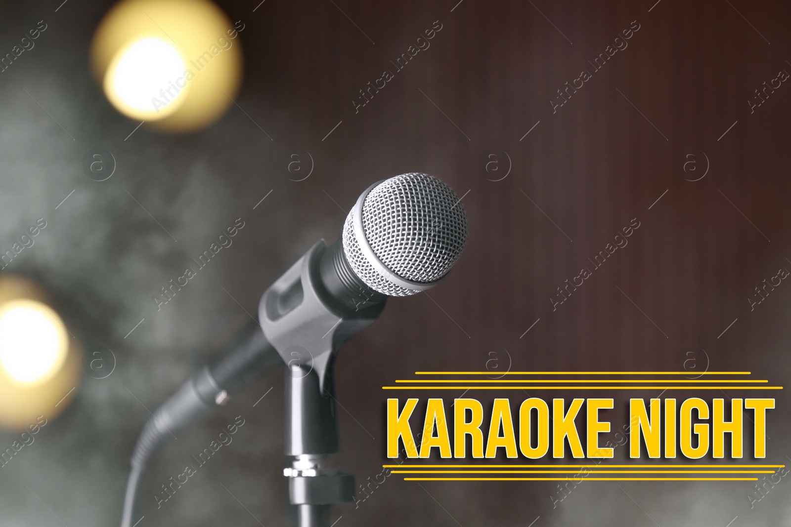 Image of Modern microphone and text KARAOKE NIGHT on dark background