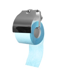Photo of Toilet paper holder with roll on white background