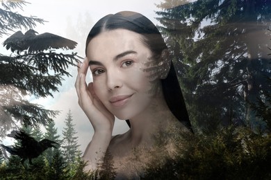 Image of Double exposure of pretty woman and conifer forest. Beauty of nature