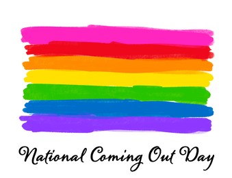 National Coming Out Day inscription and pride flag on white background