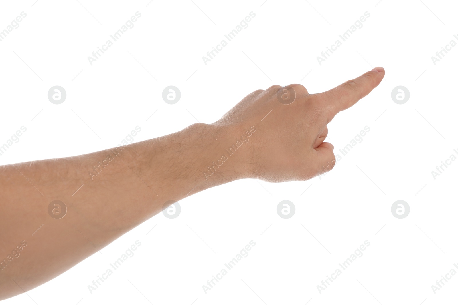 Photo of Man pointing at something against white background, closeup of hand