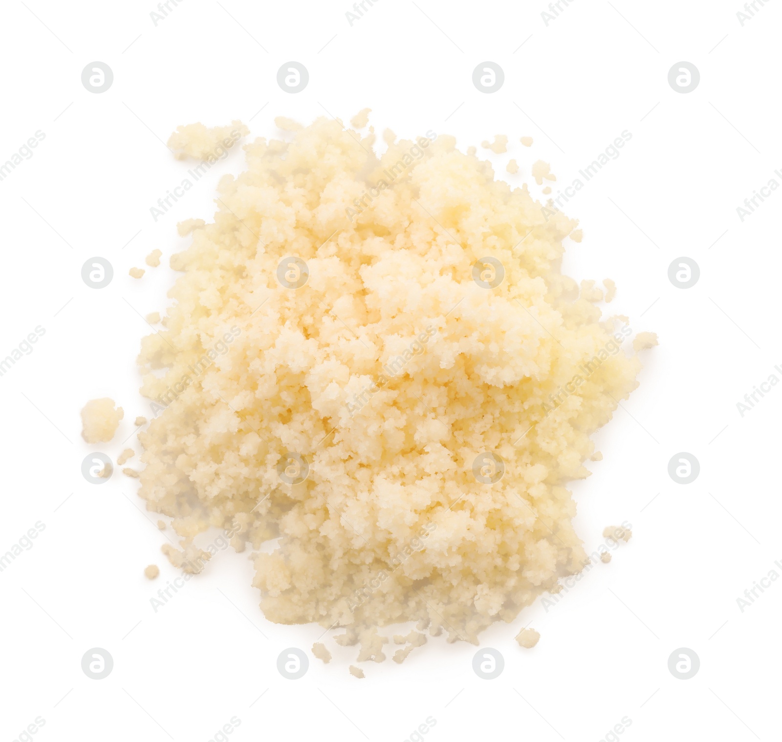 Photo of Pile of grated parmesan cheese isolated on white, top view