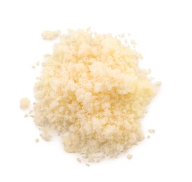 Pile of grated parmesan cheese isolated on white, top view