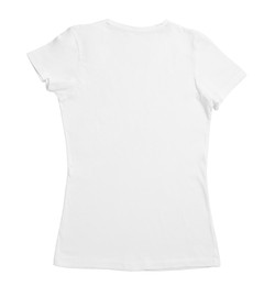 Stylish female T-shirt isolated on white, top view