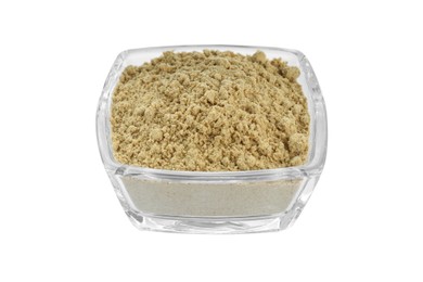 Photo of Aromatic mustard powder in glass bowl on white background