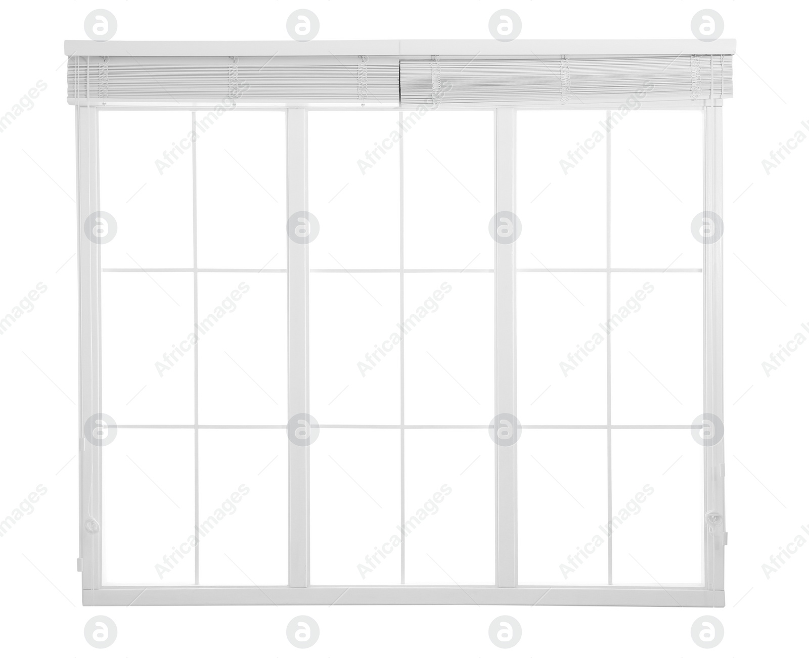 Image of Modern window with open blinds on white background