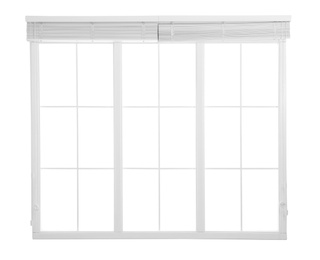 Image of Modern window with open blinds on white background