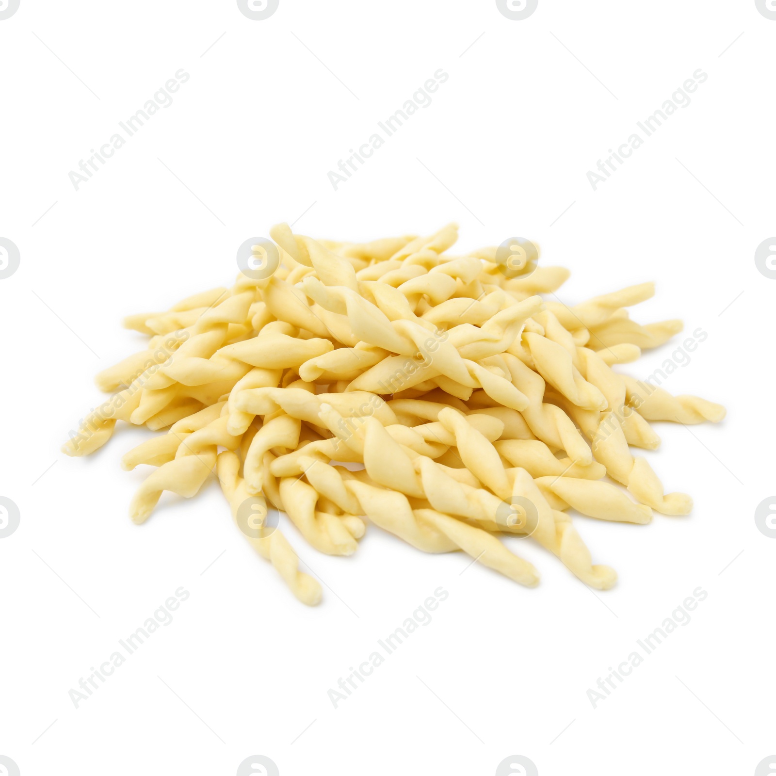 Photo of Pile of uncooked trofie pasta isolated on white