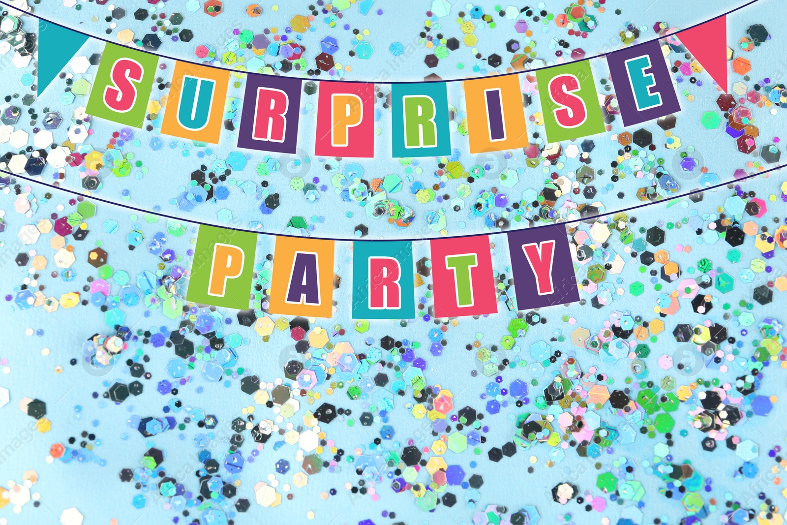 Image of Surprise party. Bunting flags and shiny confetti on light blue background
