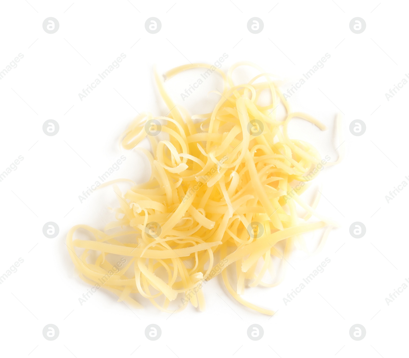 Photo of Heap of grated delicious cheese on white background