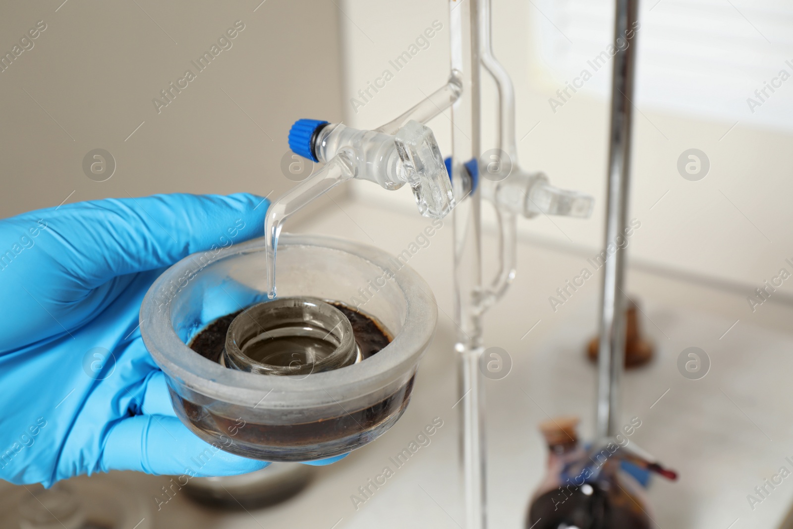 Photo of Scientist doing nitrogen determination of soil sample at table, closeup. Laboratory research