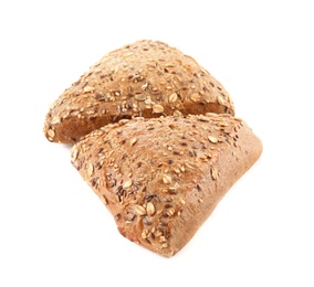Photo of Triangle buns with seeds isolated on white. Wholegrain bread