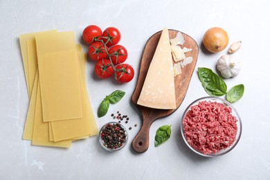 Fresh ingredients for lasagna on light grey marble table, flat lay