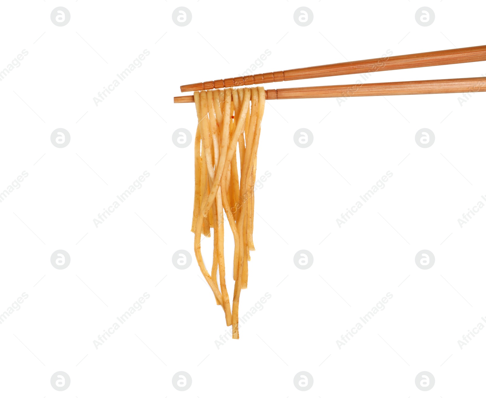 Photo of Chopsticks with tasty cooked noodles isolated on white