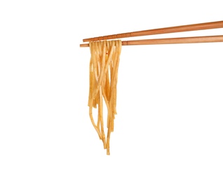 Photo of Chopsticks with tasty cooked noodles isolated on white