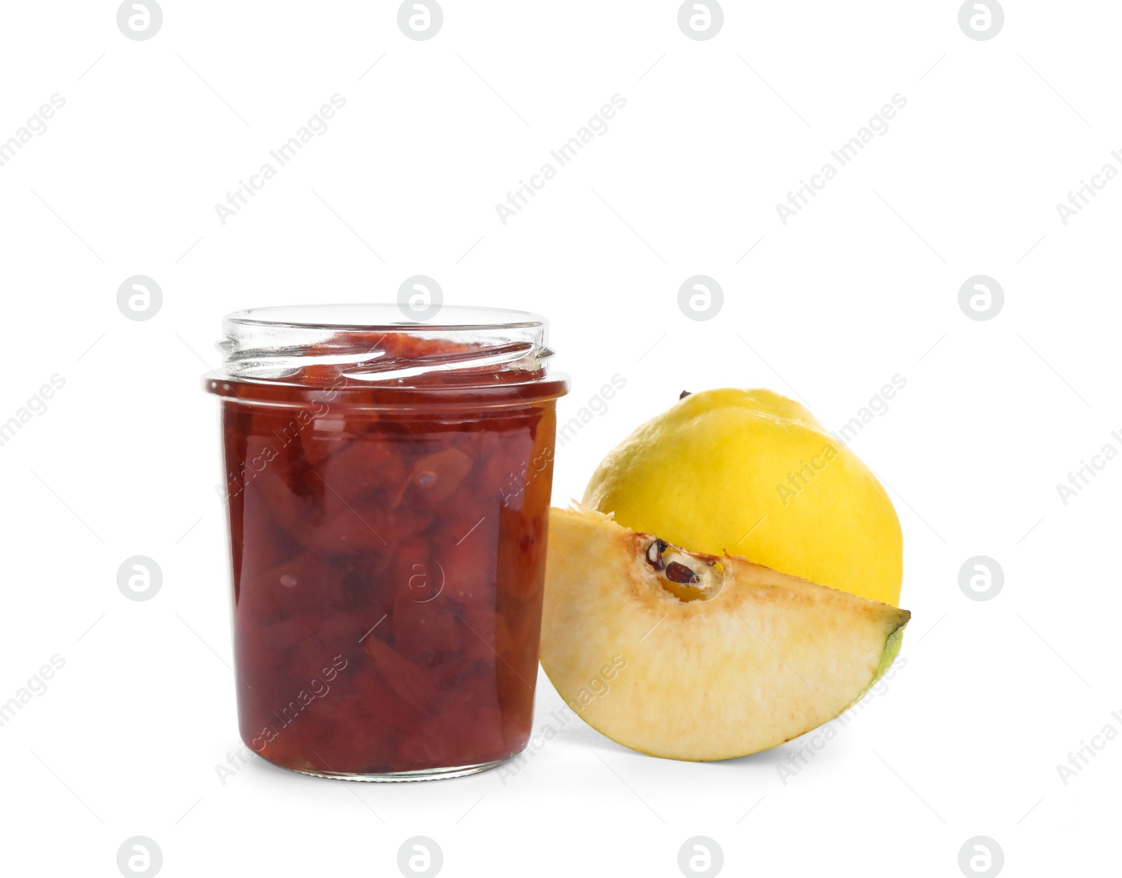 Photo of Delicious quince jam and fruits isolated on white