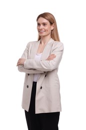 Photo of Beautiful happy businesswoman crossing arms on white background