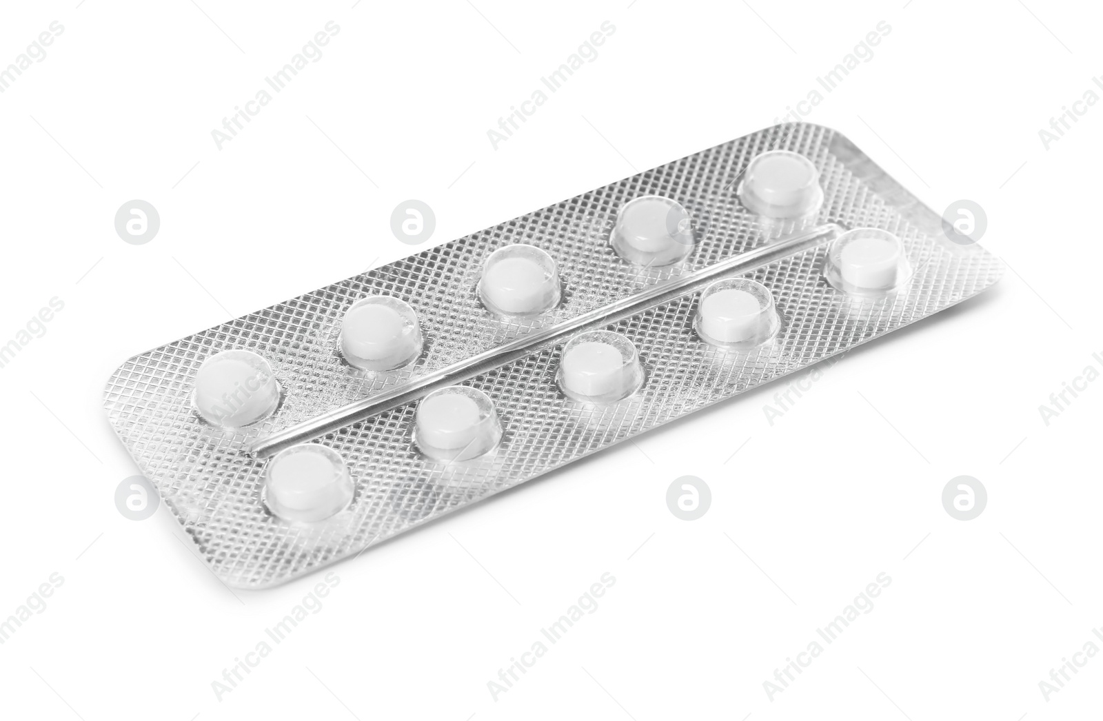 Photo of Blister with pills on white background. Medical care