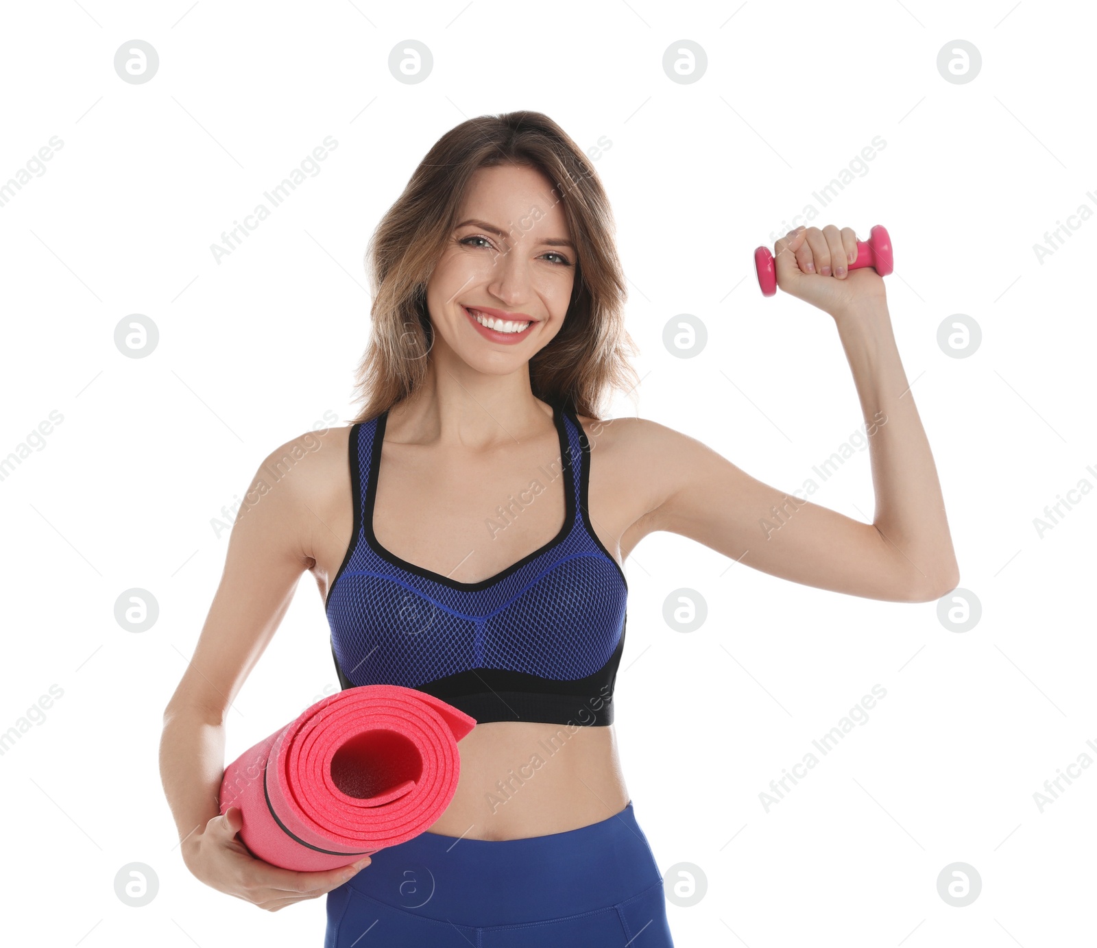 Photo of Beautiful woman with yoga mat and small dumbbell on white background