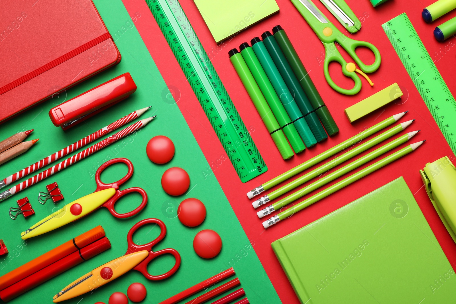 Photo of Flat lay composition with stationery on color background