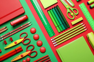Flat lay composition with stationery on color background