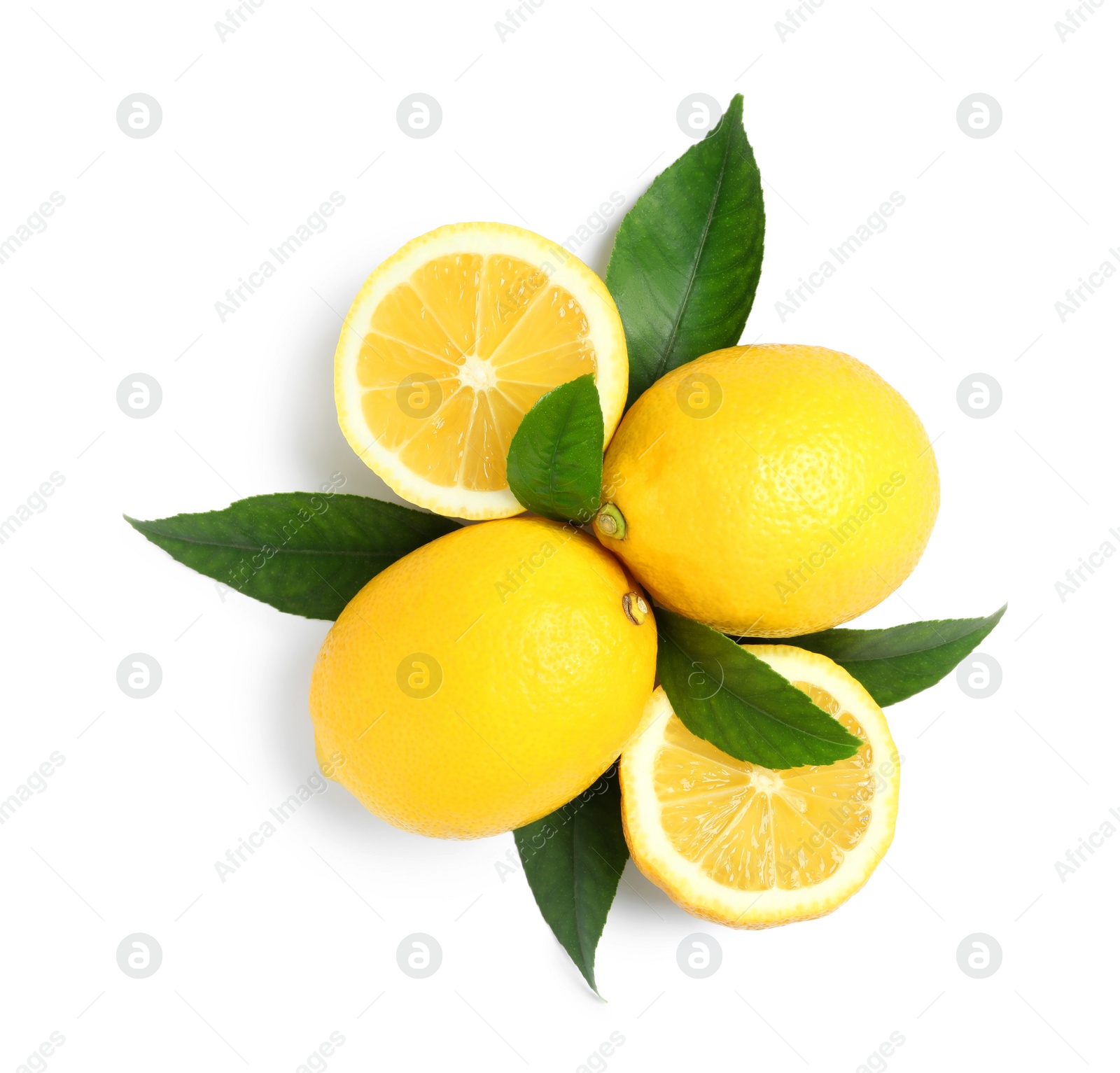 Photo of Fresh ripe lemons with leaves on white background, top view