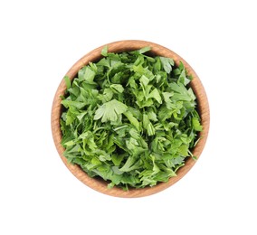Photo of Chopped parsley leaves in wooden bowl isolated on white, top view