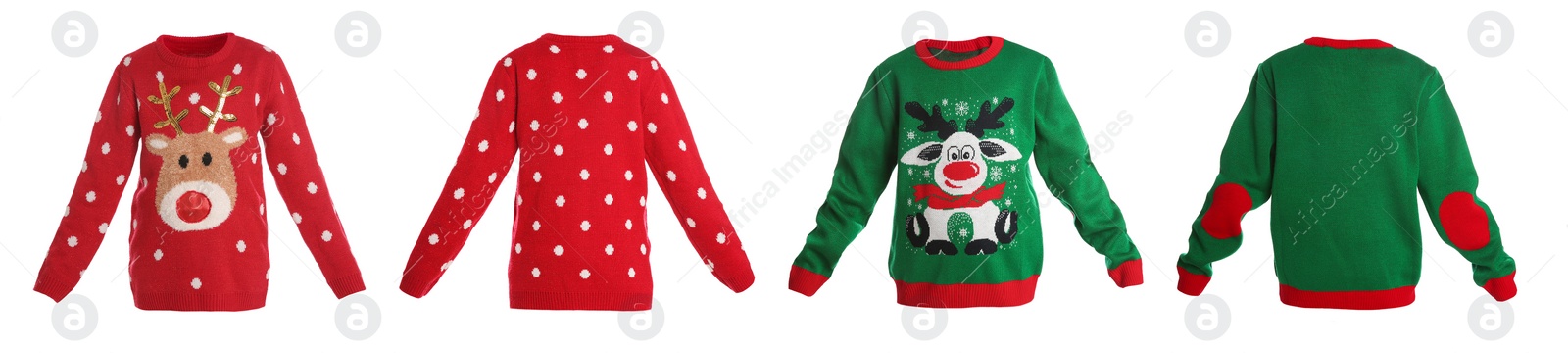 Image of Warm Christmas sweaters on white background, front and back sides