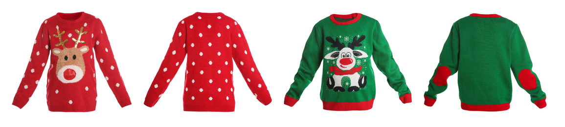 Image of Warm Christmas sweaters on white background, front and back sides