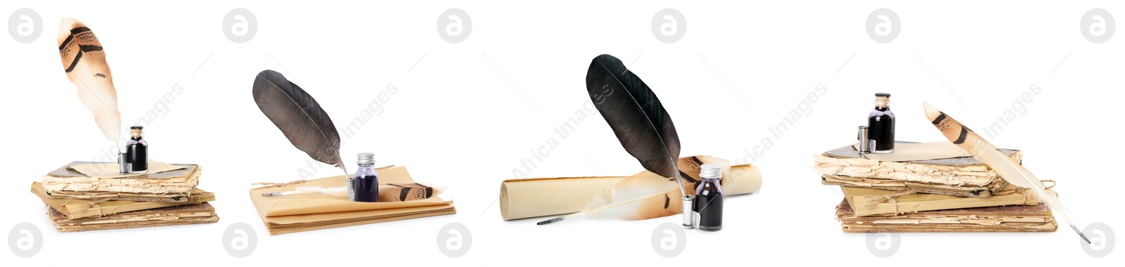 Image of Set with quills, inks and old books on white background. Banner design