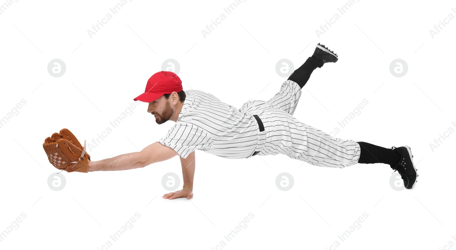 Photo of Baseball player catching ball on white background