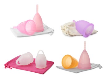 Set with different menstrual cups and cotton bags on white background 