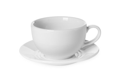 Photo of Ceramic cup and saucer isolated on white