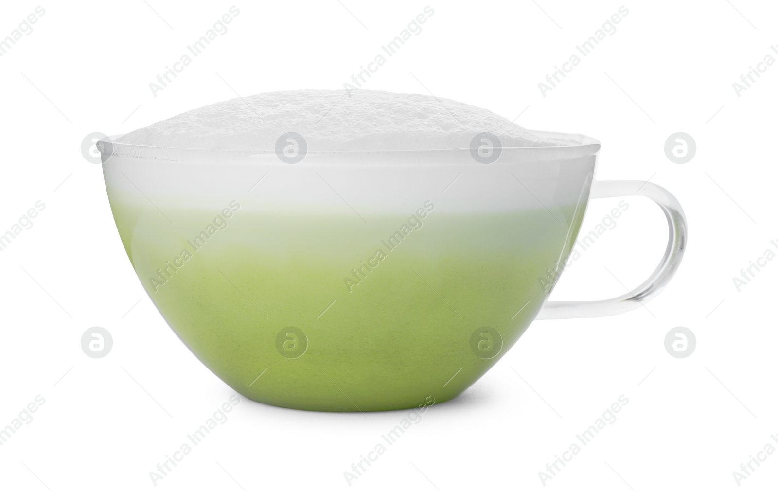 Photo of Cup of fresh matcha latte isolated on white
