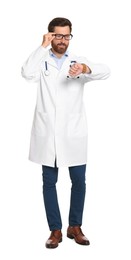 Photo of Doctor with stethoscope looking at wristwatch on white background