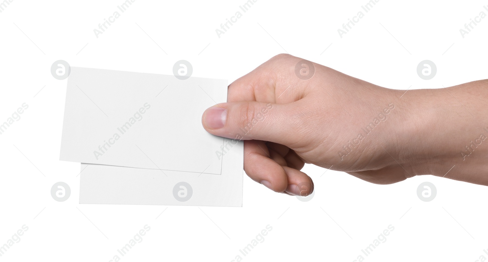 Photo of Woman holding paper cards on white background, closeup. Mockup for design