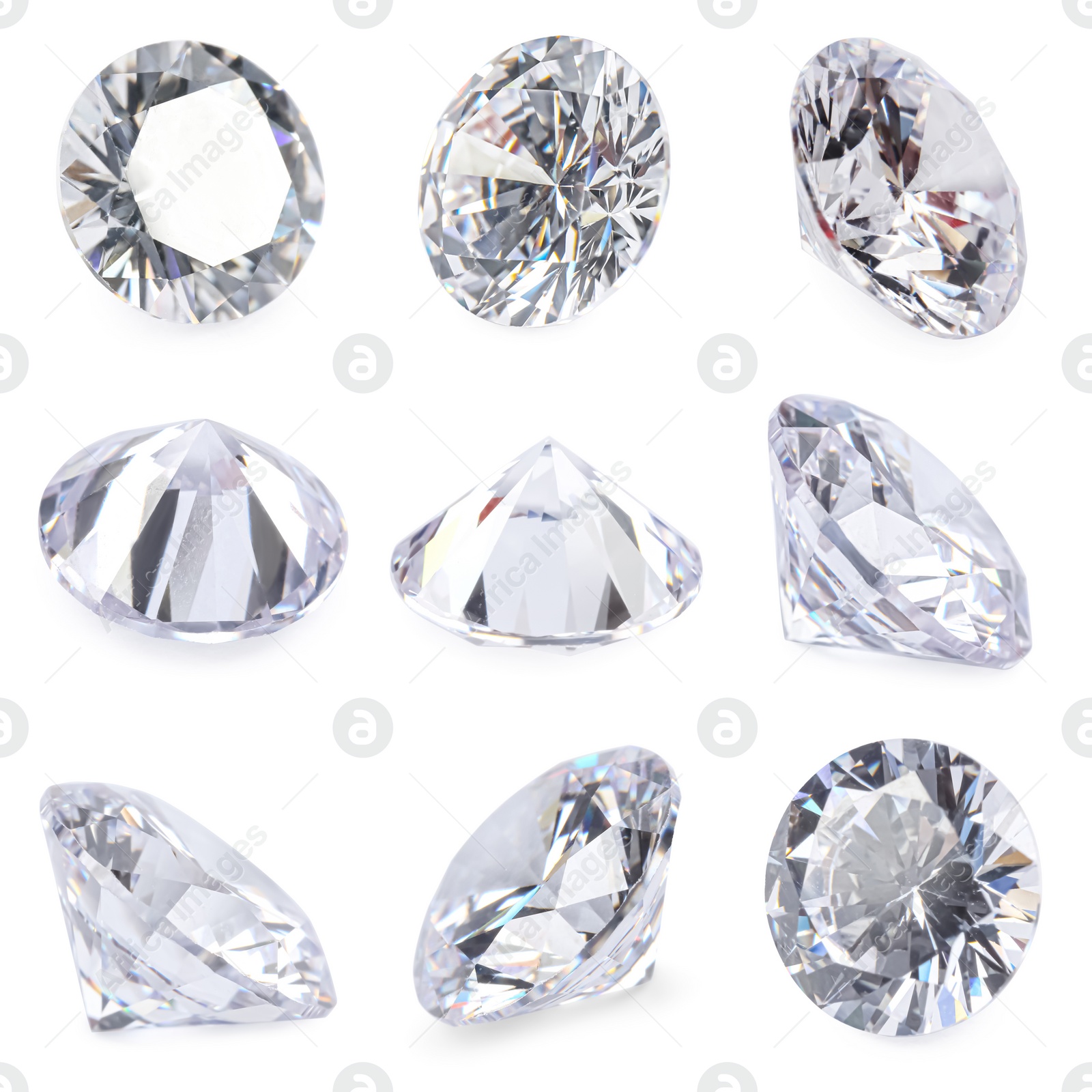 Image of Beautiful dazzling diamonds on white background, set