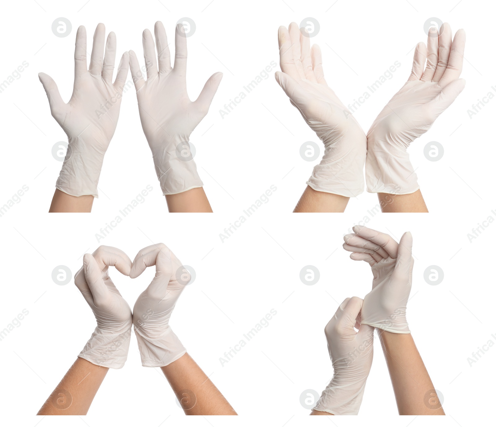 Image of Collage with photos of woman wearing medical gloves on white background, closeup