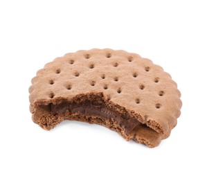 Photo of Bitten tasty chocolate sandwich cookie with cream isolated on white