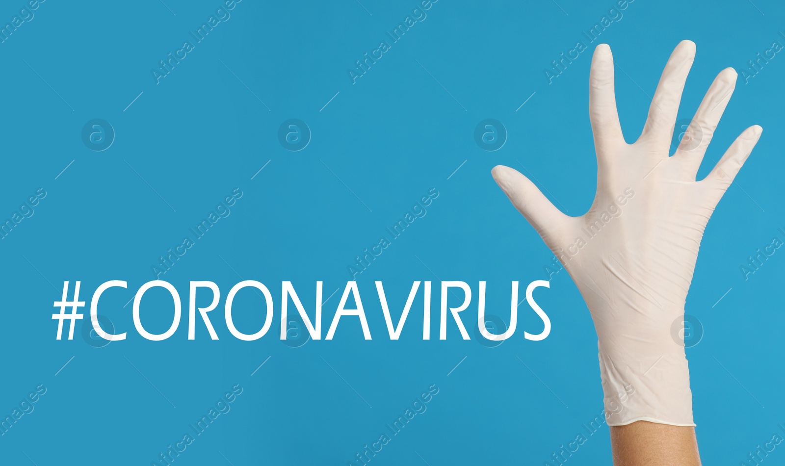 Image of Doctor in medical gloves and hashtag Coronavirus on light blue background, closeup