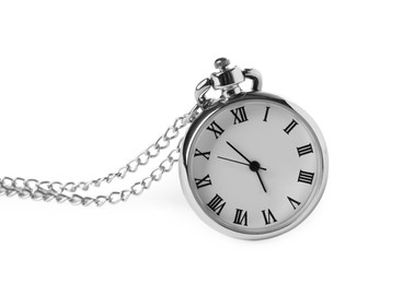 Photo of One silver pocket clock isolated on white