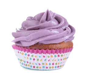 Photo of Delicious cupcake with purple cream isolated on white