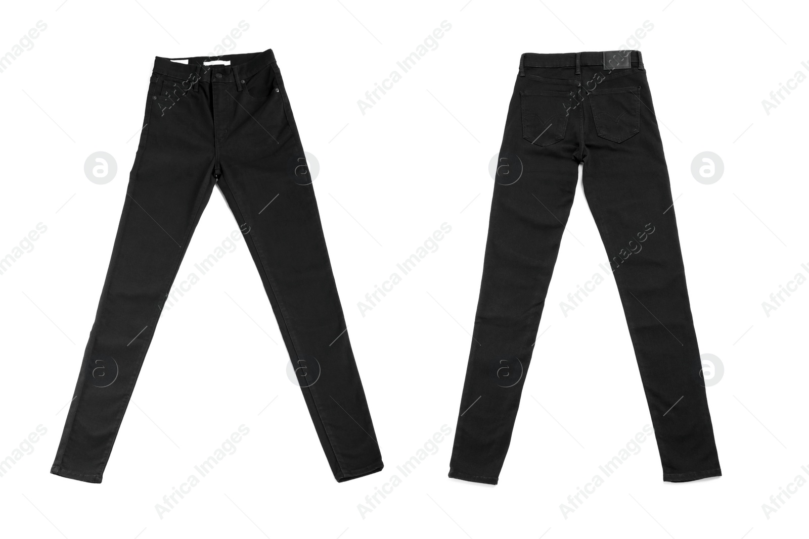 Image of Collage with jeans isolated on white, back and front views