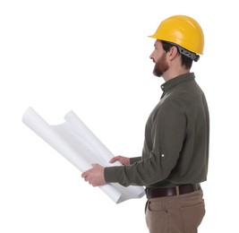 Architect in hard hat with draft on white background