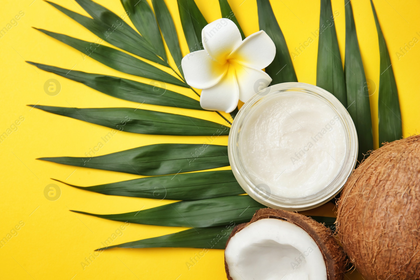 Photo of Beautiful composition with coconut oil and nuts on color background