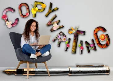 Image of African American woman working on laptop, word Copywriting and big pen on grey background