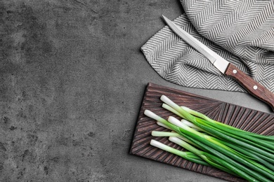 Composition with fresh green onion on table, top view